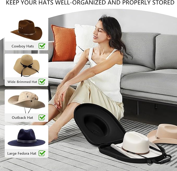 Anysiny Cowboy Hat Box for Travel-Crush Proof Hat Travel Case for Cowboy Hats Holder Storage Box Organizer Cap Carrier with Adjustable Carry Strap