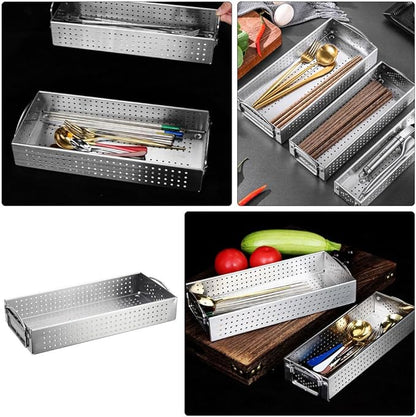 Hemoton Stainless Steel Chopsticks Holder Utensil Organizer Case with Drainage Large Capacity Rectangular Kitchen Storage Box for Cutlery and Cooking Tools