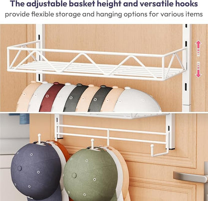 SWTYMIKI Over Door Hat Organizer - 5 Tier Wall Mounted Hat Rack with 4 Adjustable Metal Basket and 3 Hooks, Hanging Baseball Cap Organizer Storage Holds up to 49 Caps for Door, Bedroom, Closet
