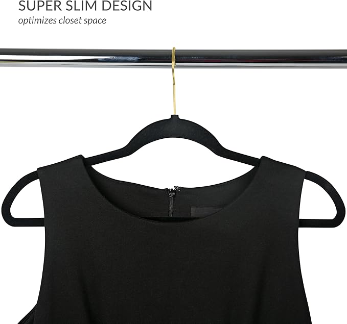 Simplify Slim Velvet Gold Hook Clothes Hangers 100 Pack | Non-Slip | Shirts | Suit | Pants | Dresses | Garments | Closet Storage & Organization | Durable | Black