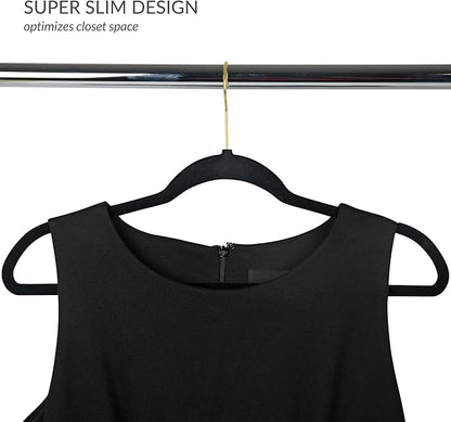 Simplify Slim Velvet Gold Hook Clothes Hangers 50 Pack | Non-Slip | Shirts | Suit | Pants | Dresses | Garments | Closet Storage & Organization | Durable | Black