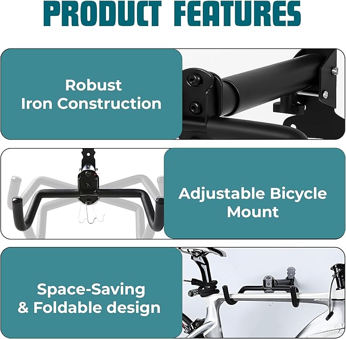 Foldable Bike Wall Mount 1-Pack, Space Saving Horizontal Bike Rack with Adjustable Hanger and EVA Covers, Includes Screws for Garage, Indoor, or Shed