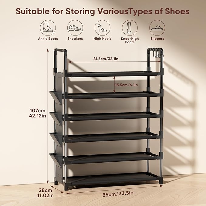 Mavivegue 6 Tier Shoe Rack for 25-30 Pairs of Shoes,Metal Shoe Rack with Hook and Side Pocket for Closet,Entryway,Hallway,Dorm (6 Tier with Hook)