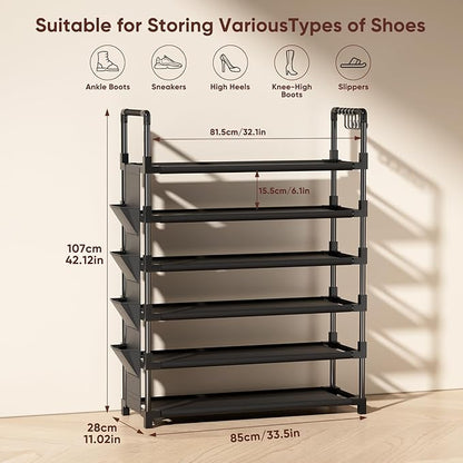 Mavivegue 6 Tier Shoe Rack for 25-30 Pairs of Shoes,Metal Shoe Rack with Hook and Side Pocket for Closet,Entryway,Hallway,Dorm (6 Tier with Hook)