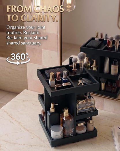 360° Rotating Cologne Organizer for Men - Heavy-Duty Wood Grooming Station | Perfume Stand & 9-Compartment Dresser Display for Shaving Kit, Skincare & EDC. Luxury Gift for Husband, Dad & Son, Black