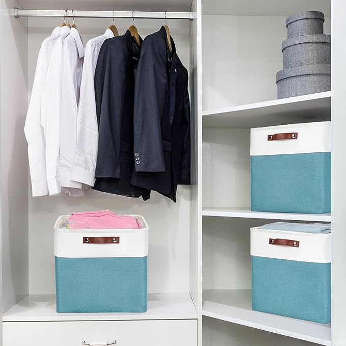 Bagnizer 13x13 Cube Storage Bins, Collapsible Fabric Storage Box, 4 Pack Closet Baskets with Handles for Organizing, Shelf, Toys, Clothes, Home, Office, Nursery (Teal&White)