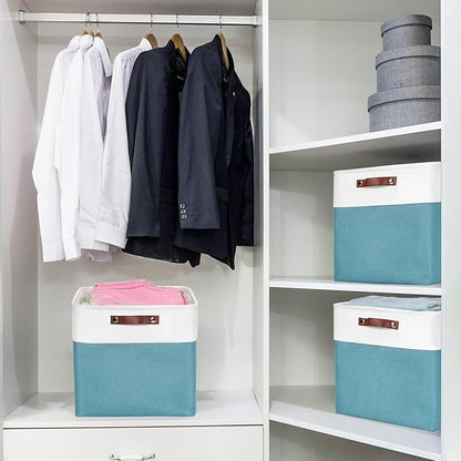 Bagnizer 13x13 Cube Storage Bins, Collapsible Fabric Storage Box, 4 Pack Closet Baskets with Handles for Organizing, Shelf, Toys, Clothes, Home, Office, Nursery (Teal&White)