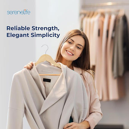 SereneLife 30-Pack Heavy Duty Wooden Hangers – Solid Wood Clothes Hanger Set with 360° Swivel Hook, Pant Bar & Notches for Jackets, Suits, Dresses, and Tops – Natural Smooth Finish