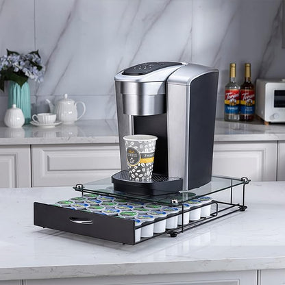 Coffee Pod Holder for Keurig Pods Glass Top Drawer,K cup Holder Capsule Display Storage compatibility 42 k-cup(Black)