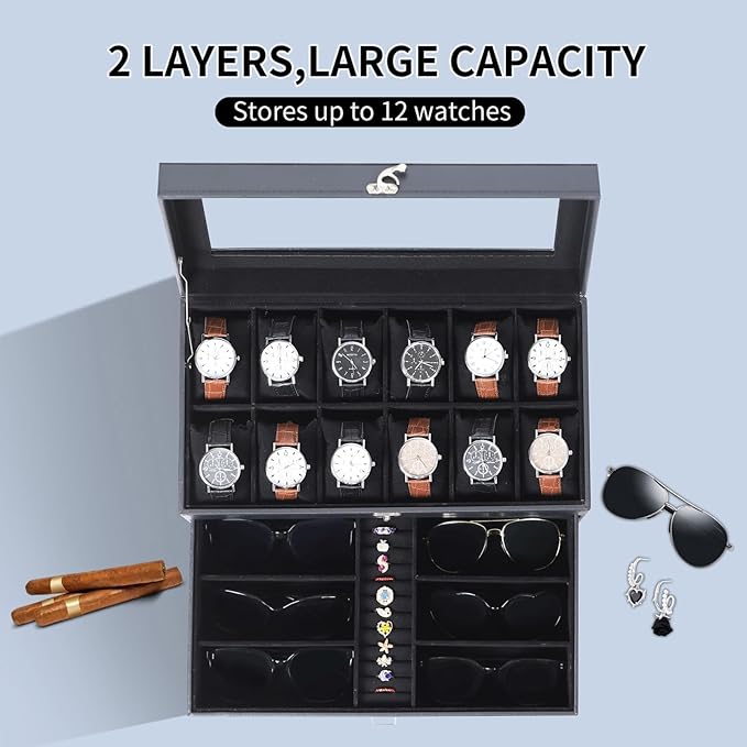 AUTOARK Leather & Velvet 12 Watch Box Jewelry Case and 6 Piece Sunglass Eyeglasses Organizer,2 Layers with 1 Drawer,Lockable,Large Glass Top,Black,MKAW039