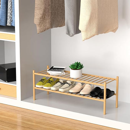 ROMGUAR CRAFT 2-Tier Bamboo Long Shoe Rack, Free Standing Wood Shoe Shelf Storage Organizer for Closet Entryway Stackable 35"x11"x13" (Natural)