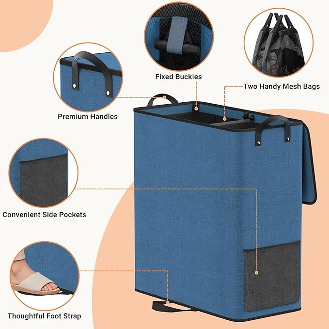 Large Double Laundry Hamper with Lid, Removable Bags & Reinforced Handles, 2 Section Tall Laundry Basket, Dirty Clothes Hampers for Laundry Room, Bedroom, Bathroom, Dorm, 155L, Blue