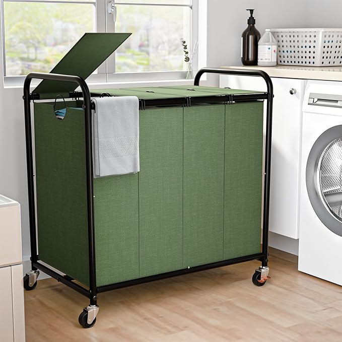 Laundry Sorter 4 Sections 48 Gal, Rolling Laundry Basket with Lockable Wheels and Lid, Laundry Hamper with 4 Separated Removable Bags Dirty Clothes Hamper for Laundry Room Organizer, Green