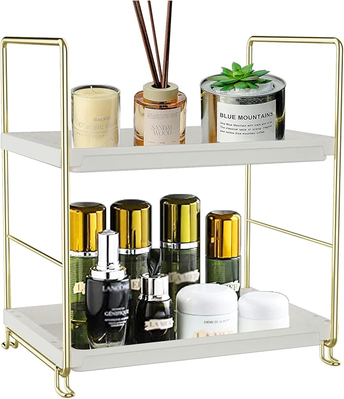 2-Tier Makeup Perfume Counter Organizer, Bathroom Countertop Shelf Vanity Bedroom Storage Tray,Kitchen Spice Rack Standing Shelf(Gold,White)