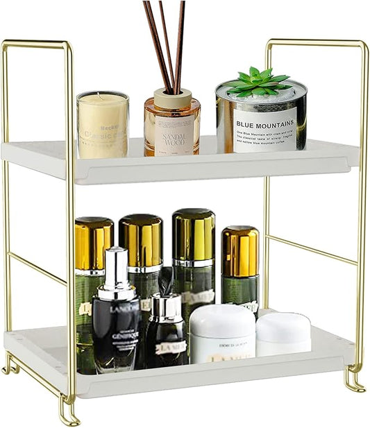 2-Tier Makeup Perfume Counter Organizer, Bathroom Countertop Shelf Vanity Bedroom Storage Tray,Kitchen Spice Rack Standing Shelf(Gold,White)