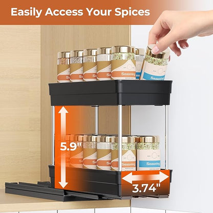Mystozer Pull Out Spice Rack Organizer for Cabinet, Slide Out Spice Racks Organizer, Easy to Install Spice Cabinet Organizers, 4.33''Wx10.62''Dx8.66''H, 3 Packs -2 Tiers (Black)