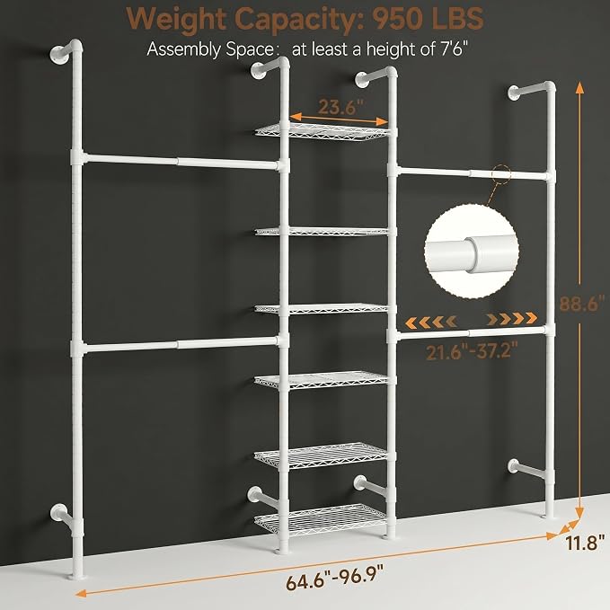 F3 Wall Mounted Closet System, Industrial Pipe Clothing Rack for Hanging Clothes, Heavy Duty Closet Organizer System, Clothes Racks with Shelves & Expandable Rod for Wardrobe, Corner, White