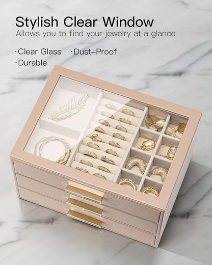 VLANDO Jewelry Box for Women, 3-Layer Jewelry Organizer with Drawers, Glass Lid Display Jewelry Storage, Soft PU Leather Exterior, Contrast Gold Metal Handles, Refined Style – Milky coffee color