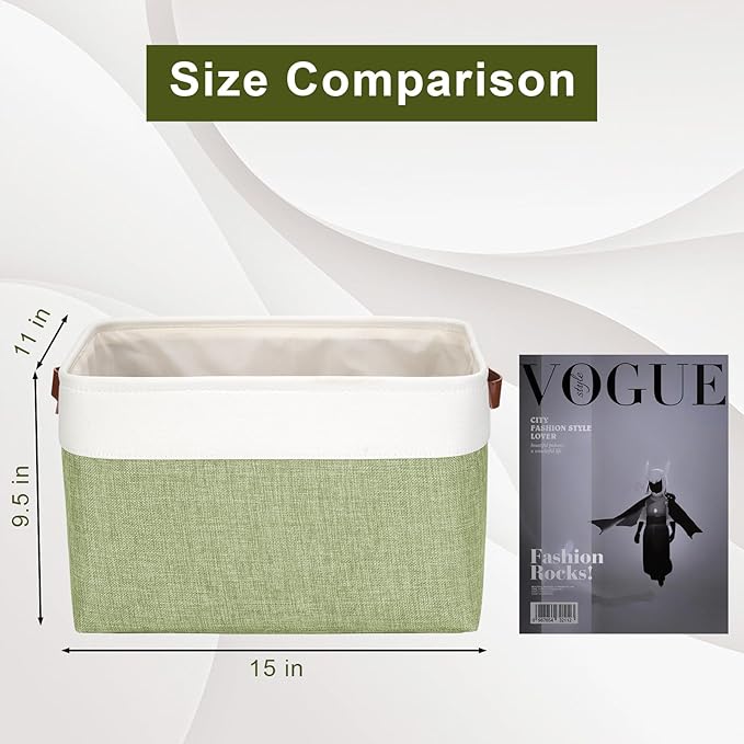 Bagnizer Storage Bins Large Fabric Storage Baskets for Shelves 3 Pack, Decorative Linen Closet Baskets with Handles for Organizing, Shelf, Clothes, Home, Office, 15x11x9.5Inches (Green&White)