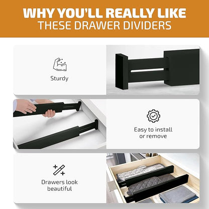 4-Pack Bamboo Drawer Dividers - 2.6 Inches High, Adjustable 16 to 22 Inches Expandable Drawer Organizers and Dresser Separators for Clothes, Utensils, Bedroom, Bathroom, Kitchen, Office, Black Wood