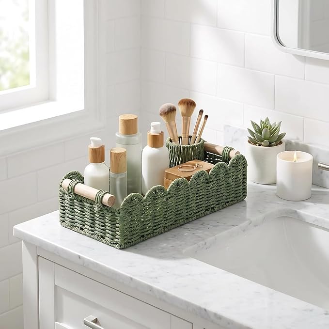 CubesLand Bathroom Basket Organizer, Toilet Tank Paper Storage Baskets 2-Pack, Scalloped Decorative Basket for Countertop w/Handle, Wicker Basket for Bathroom Decor, Home Decor, Living Room, Green