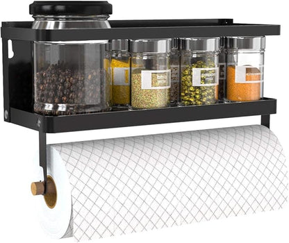Magnetic Paper Towel Holder, 2-in-1 Magnetic Spice Rack with Hooks,Wall Mount Shelf Towel Rack for Refrigerator (Black, With hook)