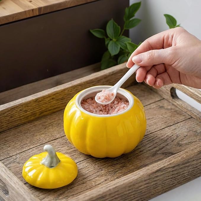 Ceramic Salt Cellar with Lid and Spoon, Salt Holder for Counter, Coffee, Sugar, Spices and Candies, Salt Containers for Countertop (yellow)
