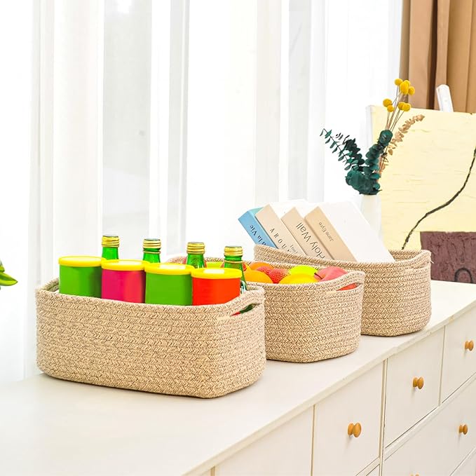 ICERZCZ Small Baskets for Organizing, Woven Storage Baskets for Shelves, Small Rope Basket for Storage, Decorative Little Baskets for Gifts Empty, 13"×8.5"×5.1" (3 Packs) Brown