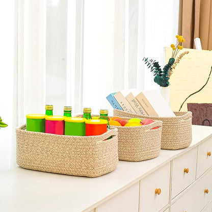 ICERZCZ Small Baskets for Organizing, Woven Storage Baskets for Shelves, Small Rope Basket for Storage, Decorative Little Baskets for Gifts Empty, 13"×8.5"×5.1" (3 Packs) Brown
