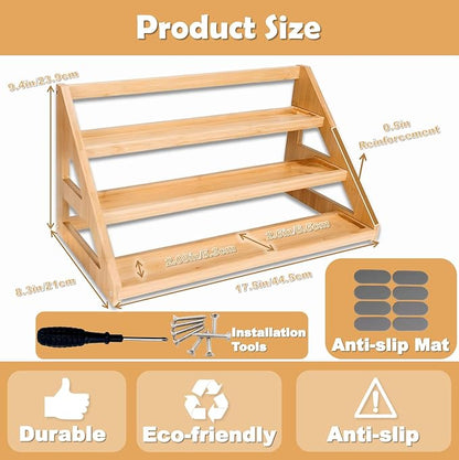 Bamboo Tier Spice Rack Organizer: 17.5 Inch Wide Kitchen Cabinet Countertop Spice Jar Organizer for Home Organization