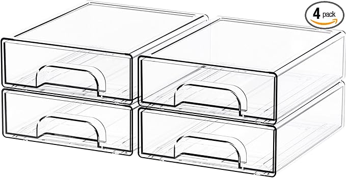Yieach 4 Pack Small Clear Stackable Storage Drawers,2.2'' Tall Desk Organization and Storage,Plastic Office Supply Organizer,Acrylic Storage Containers for Makeup,Hair Clip,Accessory,Pen,Art Crafts