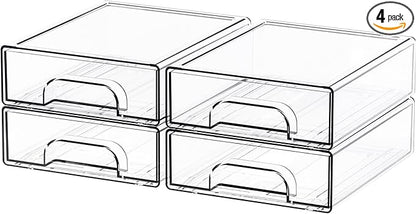Yieach 4 Pack Small Clear Stackable Storage Drawers,2.2'' Tall Desk Organization and Storage,Plastic Office Supply Organizer,Acrylic Storage Containers for Makeup,Hair Clip,Accessory,Pen,Art Crafts