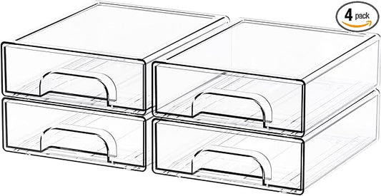 Yieach 4 Pack Small Clear Stackable Storage Drawers,2.2'' Tall Desk Organization and Storage,Plastic Office Supply Organizer,Acrylic Storage Containers for Makeup,Hair Clip,Accessory,Pen,Art Crafts