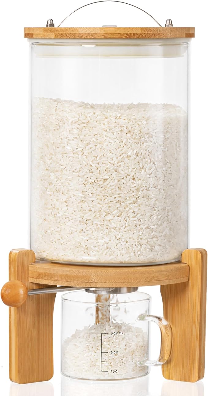 HBlife 5-7 Lbs Glass Rice Dispenser with Wooden Stand Flour and Cereal Container with Glass Measuring Cup Pantry Food Organization Storage Bin with Airtight Bamboo Lid, 3L