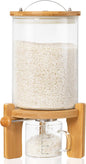 HBlife 5-7 Lbs Glass Rice Dispenser with Wooden Stand Flour and Cereal Container with Glass Measuring Cup Pantry Food Organization Storage Bin with Airtight Bamboo Lid, 3L
