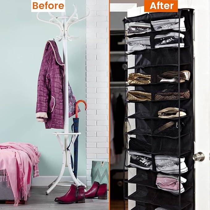 Over the Door Shoe Shelves 26 Section Space Saving Hanging Shoe Organizer with Hooks Clear Window Foldable Shoe Display Shelves Stand for Shoes Hat Toys Home (Black)