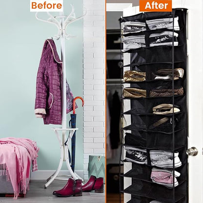 Over the Door Shoe Shelves 26 Section Space Saving Hanging Shoe Organizer with Hooks Clear Window Foldable Shoe Display Shelves Stand for Shoes Hat Toys Home (Black)