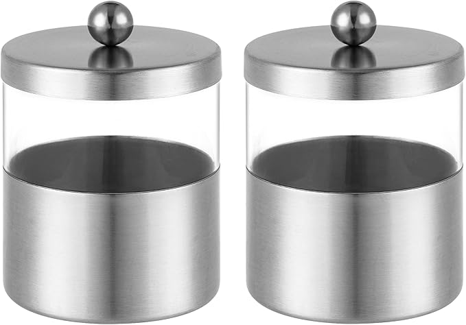 Gaussra Apothecary Jars, Qtip Holder - Brushed Stainless Steel Bathroom Jar with Stickers - Farmhouse Decor Qtip Dispenser for Qtips, Cotton Balls, Swabs, Makeup Sponges (2 Pack, Brushed Nickel)