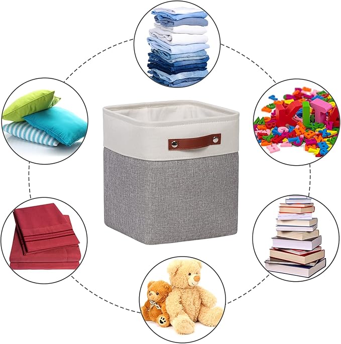 Fabric Storage Cubes 10.5”x10.5”x11” Cube Storage Bins for Closet Organizers and Storage Shelves Foldable Storage Bin with Handles, 6 Pack, Grey, PU Leather Handle