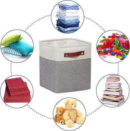 Fabric Storage Cubes 10.5”x10.5”x11” Cube Storage Bins for Closet Organizers and Storage Shelves Foldable Storage Bin with Handles, 6 Pack, Grey, PU Leather Handle