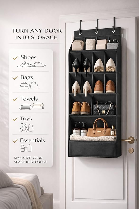 Over the Door Organizer, 15 Deep Pockets, 900D Oxford Fabric, Black, Heavy-Duty Metal Hooks, Space-Saving Storage for Closet, Bedroom, Bathroom