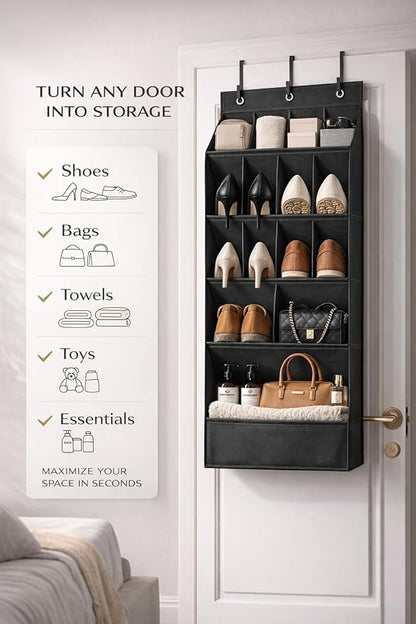 Over the Door Organizer, 15 Deep Pockets, 900D Oxford Fabric, Black, Heavy-Duty Metal Hooks, Space-Saving Storage for Closet, Bedroom, Bathroom