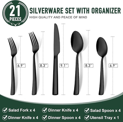 21-Piece Modern Black Silverware Set with Organizer Tray Stainless Steel Eating Utensil Sets Kitchen Knives Forks and Spoons Cutlery Set Heavy Duty Tableware Flatware Sets for 4, Dishwasher Safe