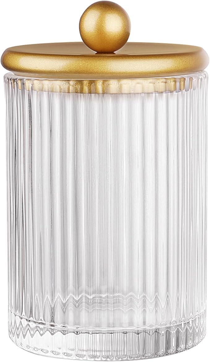 SheeChung 1-Pack Gold Ribbed Glass Qtip Holder - Apothecary Jar Bathroom Organizer with Metal Lid - Small Vanity Canister for Cotton Swabs, Rounds, Floss Picks - Modern Luxury Decor