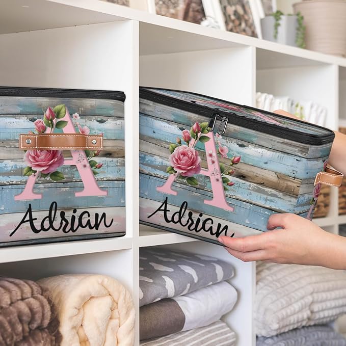 Custom Initials Wood Flower Storage Bins with Lid, Foldable Personalized Storage Basket Boxes with Handle Shelf Basket Closet Organizer Cube