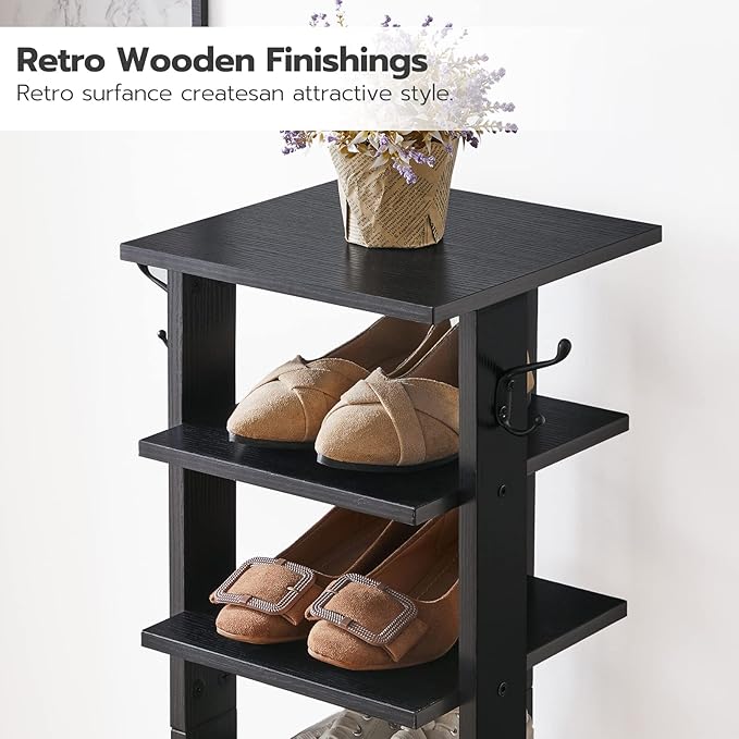 HOOBRO 8 Tiers Vertical Shoe Rack, Wooden Shoe Storage Organizer with Hooks, Narrow Shoe Tower for 8 Pairs, Space Saving, for Entryway, Living Room, Bedroom, Black BK07XJ01