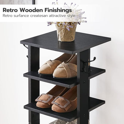 HOOBRO 8 Tiers Vertical Shoe Rack, Wooden Shoe Storage Organizer with Hooks, Narrow Shoe Tower for 8 Pairs, Space Saving, for Entryway, Living Room, Bedroom, Black BK07XJ01
