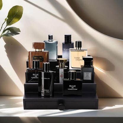 Black Cologne Organizer for Men - 4 Tier Wooden Perfume Display Stand with Drawer and Hidden Compartment for Organizing and Storing, Cologne Holder Shelf for Dresser