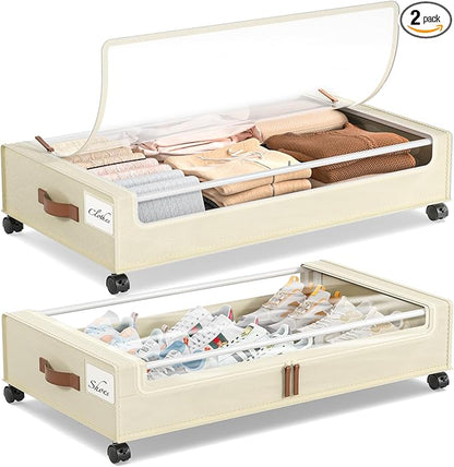 Yecaye Under Bed Storage with Wheels, 2 Pack Under Bed Storage Containers, 60L Underbed Shoe Storage with Clear Window & Label, Rolling Under Bed Metal Drawer for Clothes, Shoes, Books, Blankets
