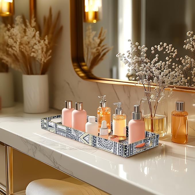 MAONAME Plastic Vanity Tray, Small Bathroom Counter Tray, Narrow Decorative Trays with Handles, Storage Dresser Trays Organizer for Toilet Tank, Jewelry, Makeup, 13.8" x 6" x 1.57"